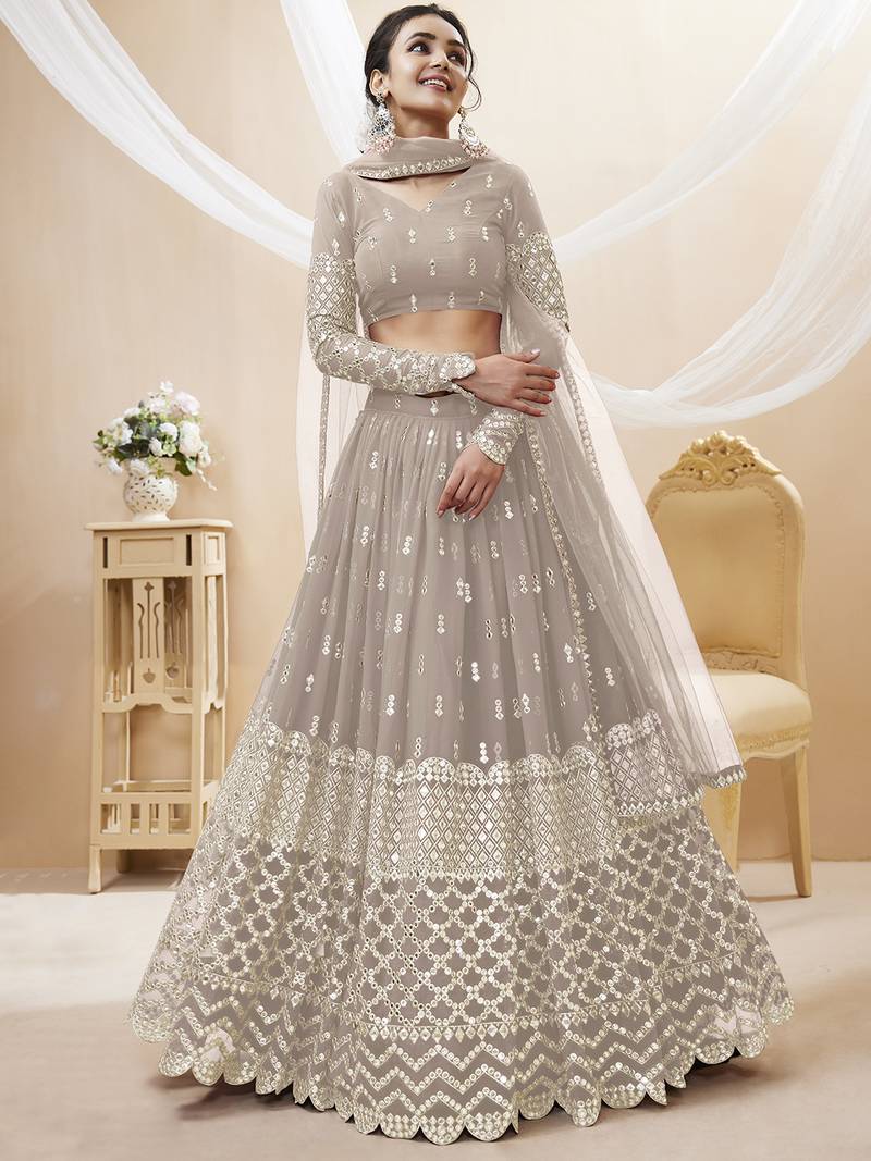 Alluring Grey Sequins Georgette Bridesmaid Lehenga Choli With Dupatta