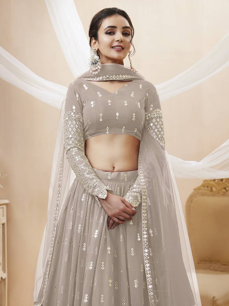 Alluring Grey Sequins Georgette Bridesmaid Lehenga Choli With Dupatta