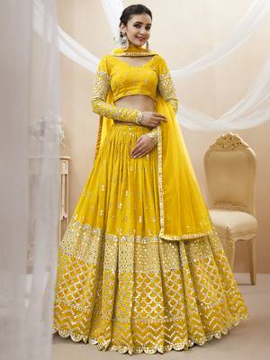 yellow georgette sequin wedding lehenga set choli with dupatta 1