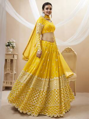 yellow georgette sequin wedding lehenga set choli with dupatta 2