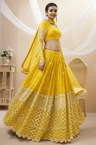 yellow georgette sequin wedding lehenga set choli with dupatta