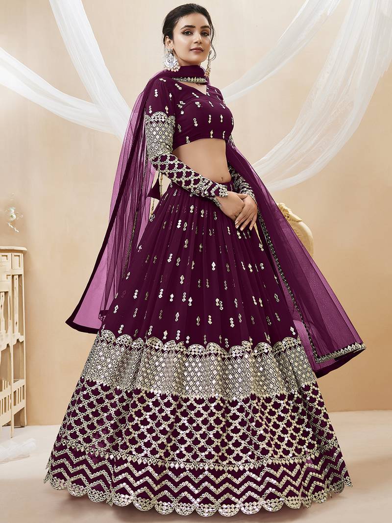 Alluring Wine Sequins Georgette Bridesmaid Lehenga Choli With Dupatta