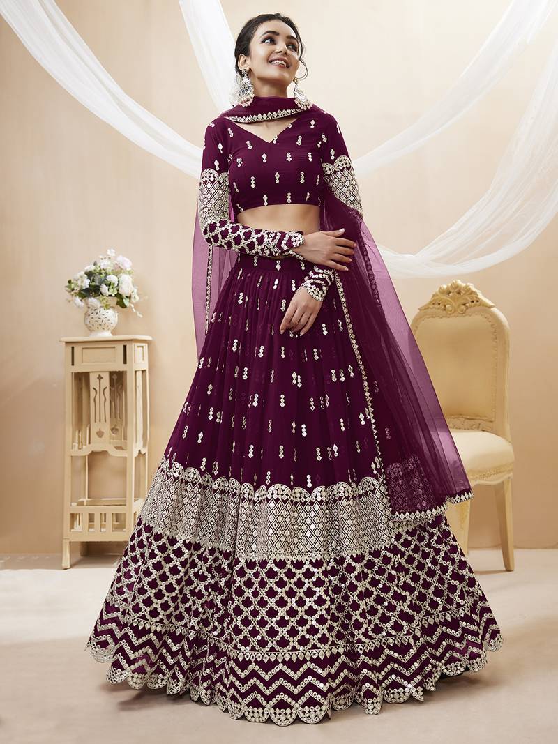 Alluring Wine Sequins Georgette Bridesmaid Lehenga Choli With Dupatta