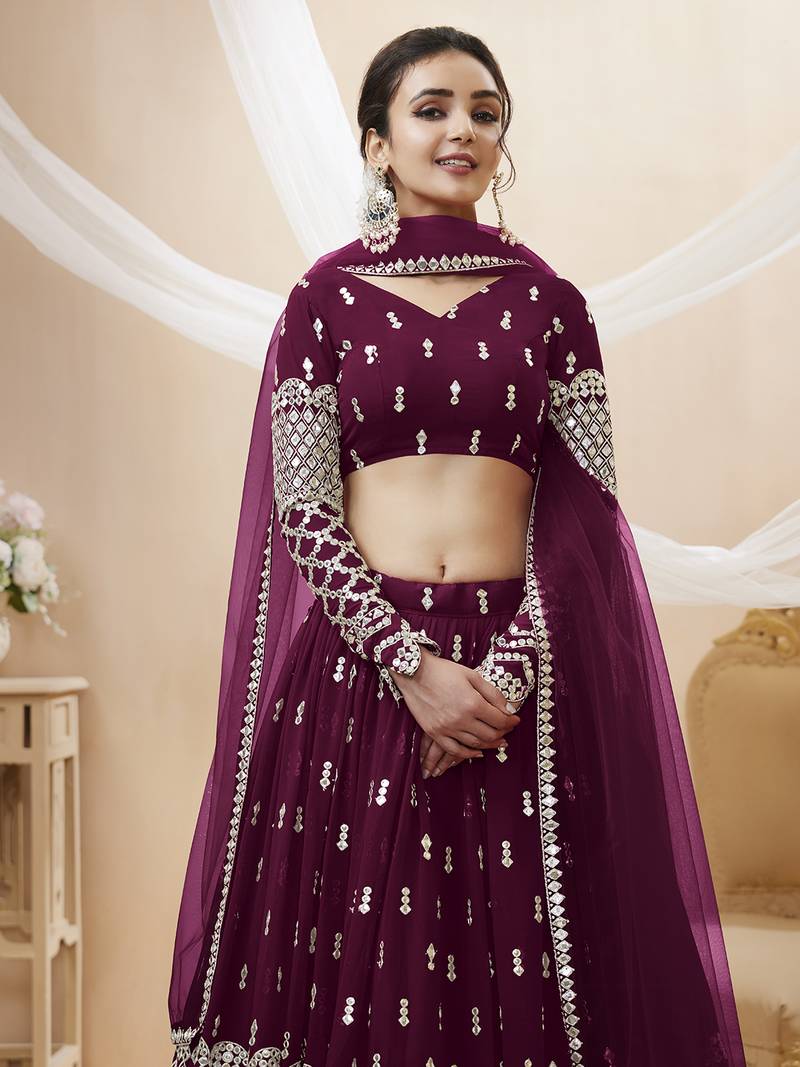 Alluring Wine Sequins Georgette Bridesmaid Lehenga Choli With Dupatta
