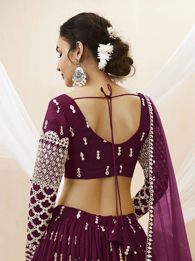 Alluring Wine Sequins Georgette Bridesmaid Lehenga Choli With Dupatta