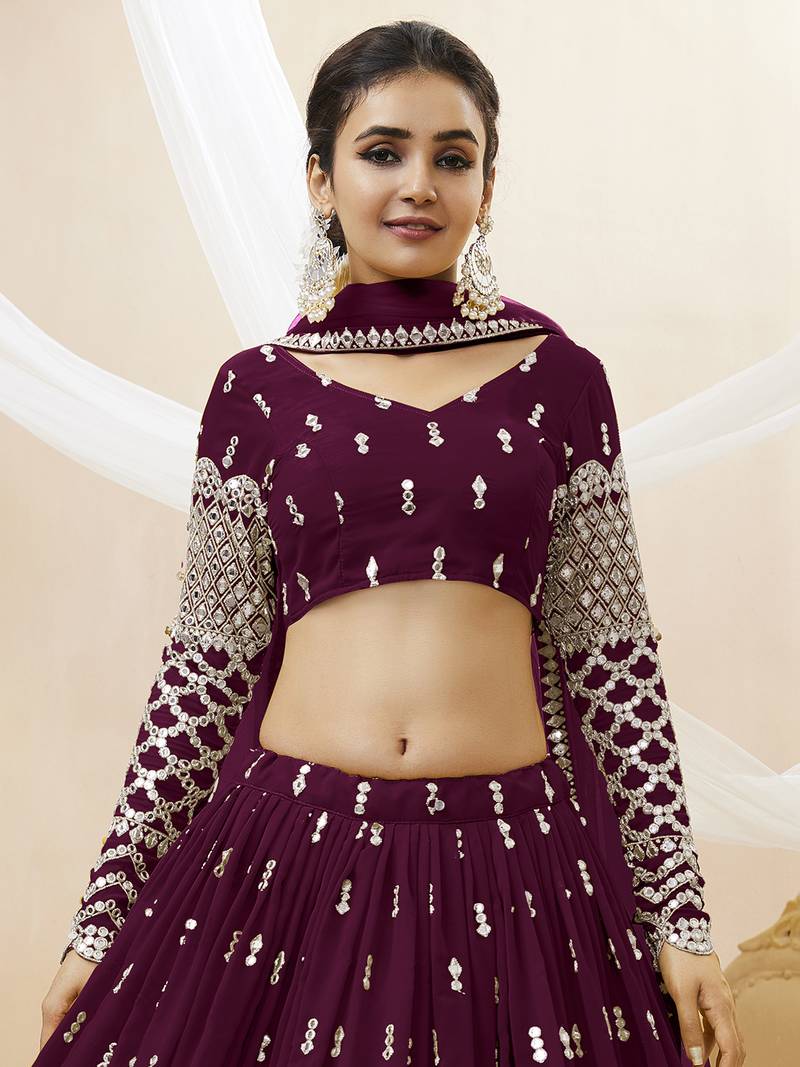 Alluring Wine Sequins Georgette Bridesmaid Lehenga Choli With Dupatta