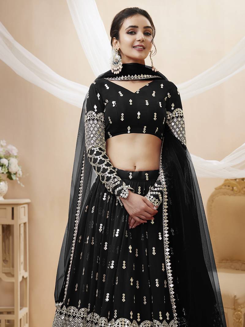 Alluring Black Sequins Georgette Bridesmaid Lehenga Choli With Dupatta