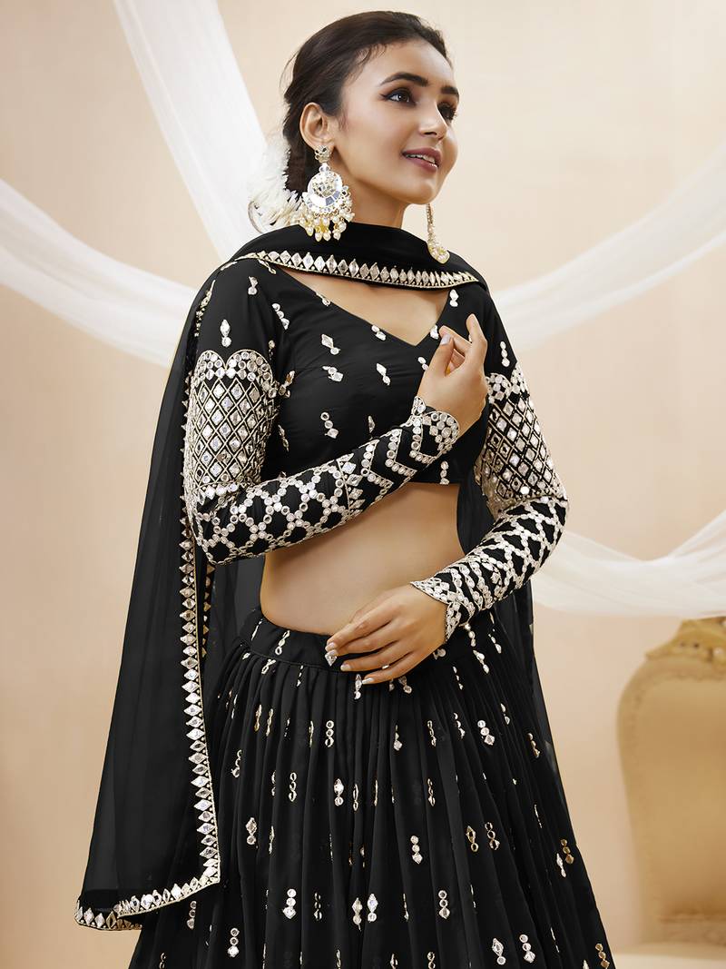 Alluring Black Sequins Georgette Bridesmaid Lehenga Choli With Dupatta