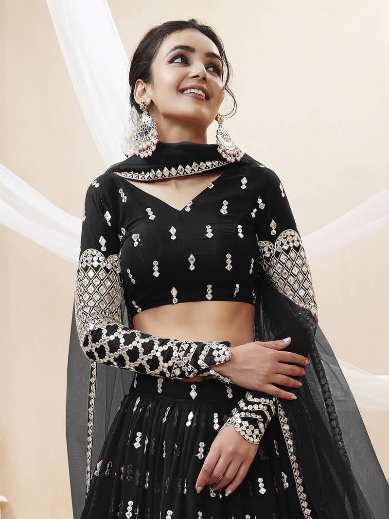 Alluring Black Sequins Georgette Bridesmaid Lehenga Choli With Dupatta