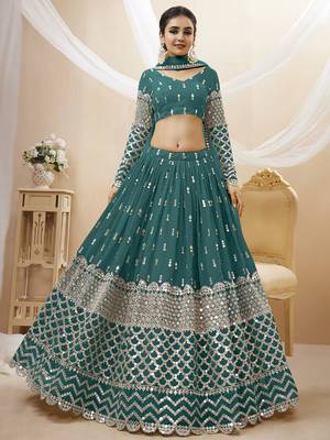 teal blue sequins georgette lehenga set choli with dupatta with dupatta 1