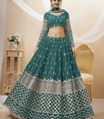 Alluring Teal-Blue Sequins Georgette Bridesmaid Lehenga Choli With Dupatta
