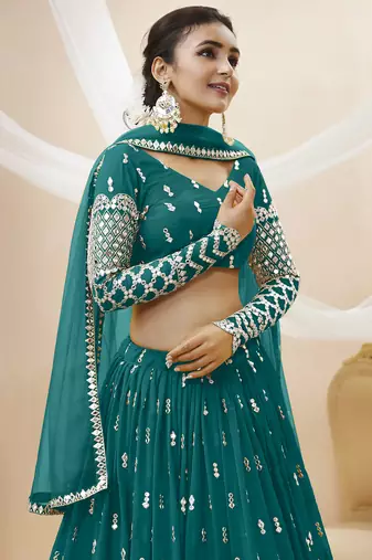 teal blue sequins georgette lehenga set choli with dupatta with dupatta
