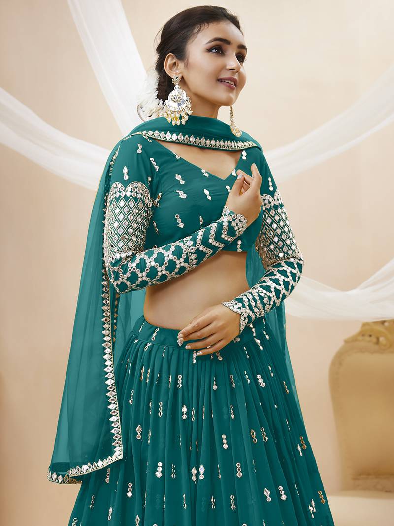 Alluring Teal-Blue Sequins Georgette Bridesmaid Lehenga Choli With Dupatta