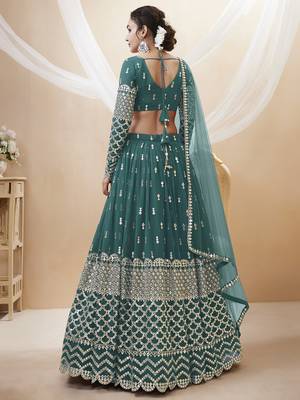 teal blue sequins georgette lehenga set choli with dupatta with dupatta 3