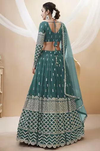 teal blue sequins georgette lehenga set choli with dupatta with dupatta