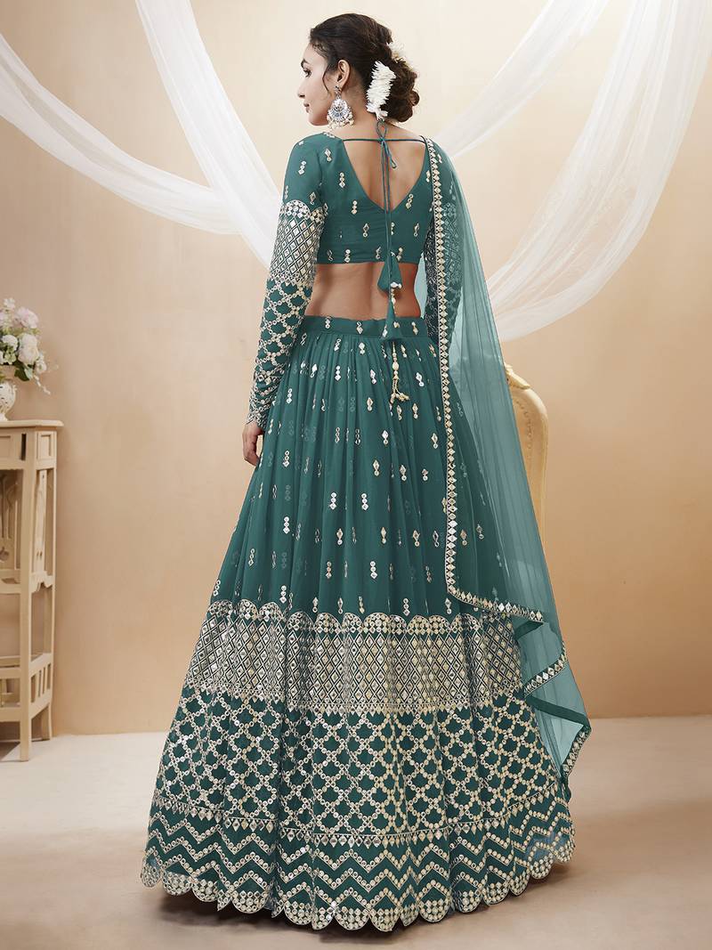 Alluring Teal-Blue Sequins Georgette Bridesmaid Lehenga Choli With Dupatta