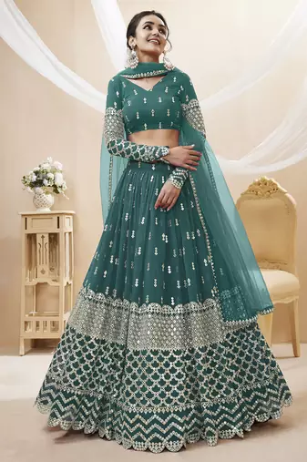 teal blue sequins georgette lehenga set choli with dupatta with dupatta