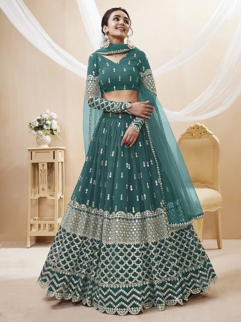 Alluring Teal-Blue Sequins Georgette Bridesmaid Lehenga Choli With Dupatta