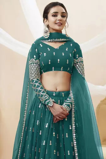 teal blue sequins georgette lehenga set choli with dupatta with dupatta