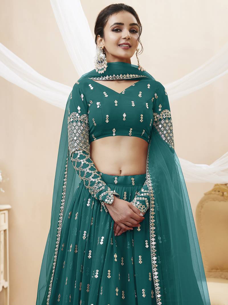 Alluring Teal-Blue Sequins Georgette Bridesmaid Lehenga Choli With Dupatta