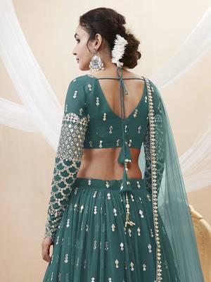 teal blue sequins georgette lehenga set choli with dupatta with dupatta 6