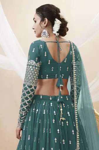 teal blue sequins georgette lehenga set choli with dupatta with dupatta