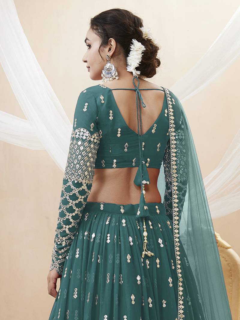 Alluring Teal-Blue Sequins Georgette Bridesmaid Lehenga Choli With Dupatta