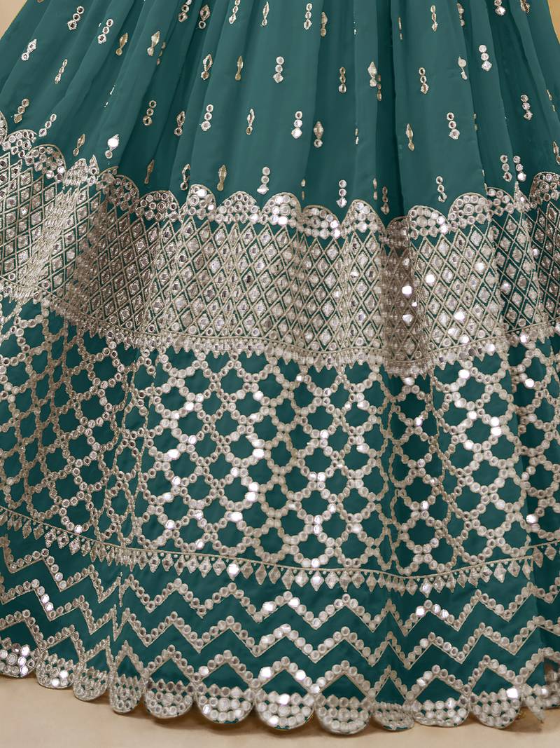 Alluring Teal-Blue Sequins Georgette Bridesmaid Lehenga Choli With Dupatta