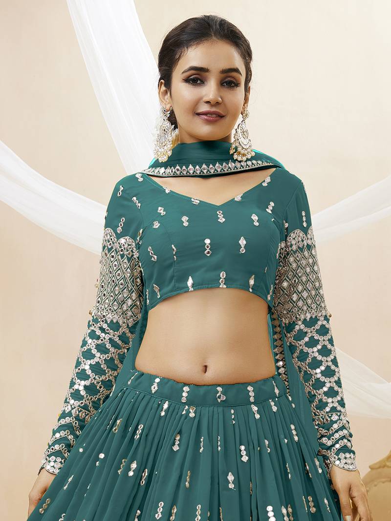 Alluring Teal-Blue Sequins Georgette Bridesmaid Lehenga Choli With Dupatta