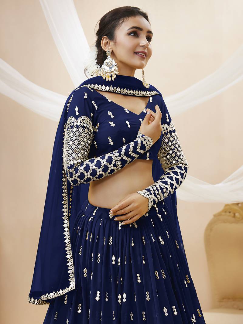 Alluring Navy-Blue Sequins Georgette Bridesmaid Lehenga Choli With Dupatta