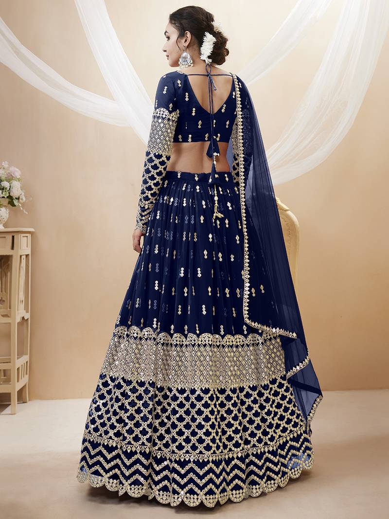 Alluring Navy-Blue Sequins Georgette Bridesmaid Lehenga Choli With Dupatta