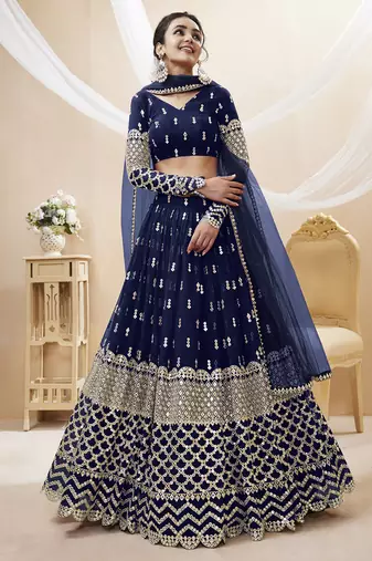 navy blue sequins georgette lehenga set choli with dupatta with dupatta