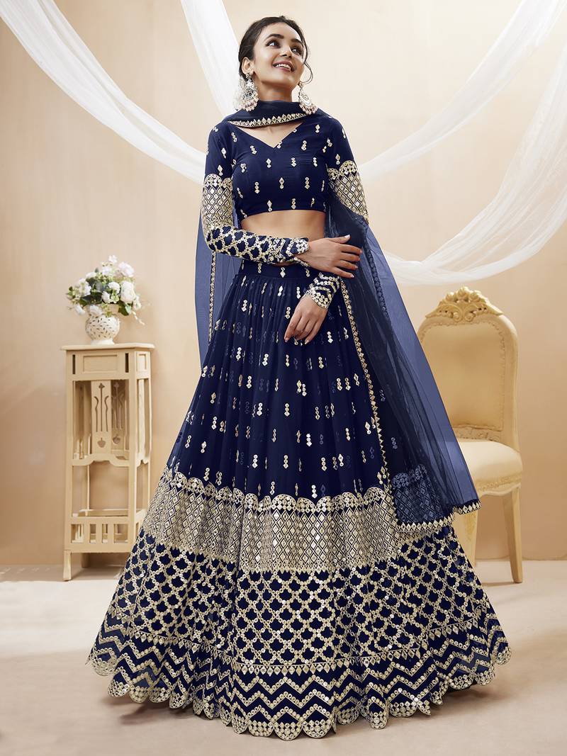 Alluring Navy-Blue Sequins Georgette Bridesmaid Lehenga Choli With Dupatta