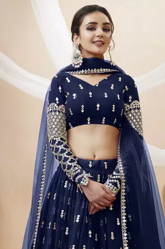 navy blue sequins georgette lehenga set choli with dupatta with dupatta