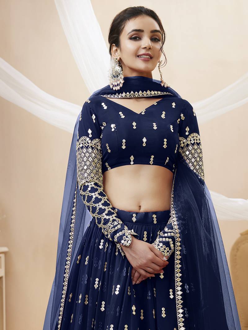 Alluring Navy-Blue Sequins Georgette Bridesmaid Lehenga Choli With Dupatta