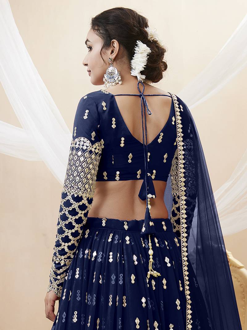 Alluring Navy-Blue Sequins Georgette Bridesmaid Lehenga Choli With Dupatta
