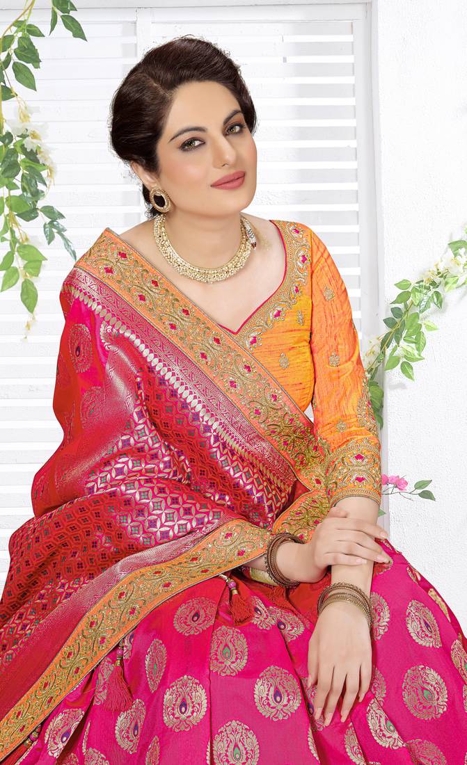 Trendmalls  Pink Silk Embroidered Jacquard Work Party Wear Saree With Blouse