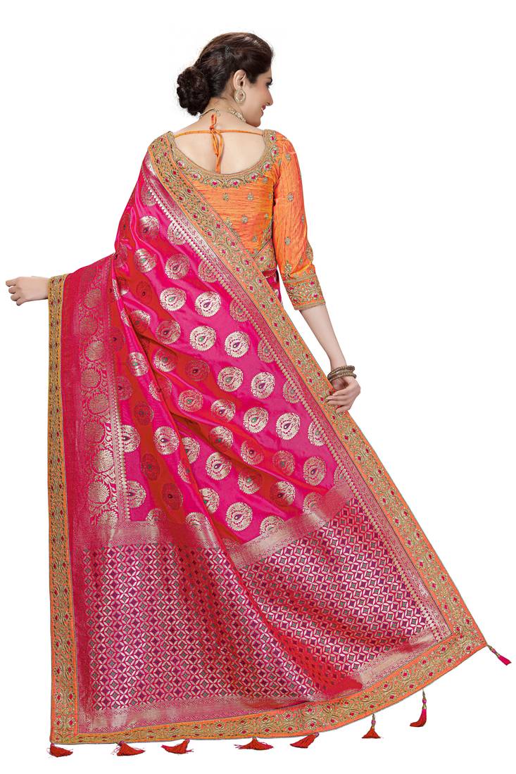 Trendmalls  Pink Silk Embroidered Jacquard Work Party Wear Saree With Blouse