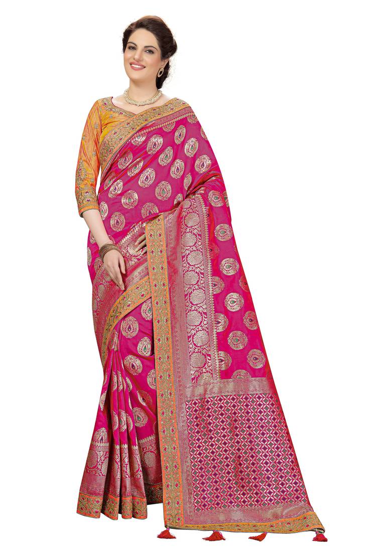 Trendmalls  Pink Silk Embroidered Jacquard Work Party Wear Saree With Blouse