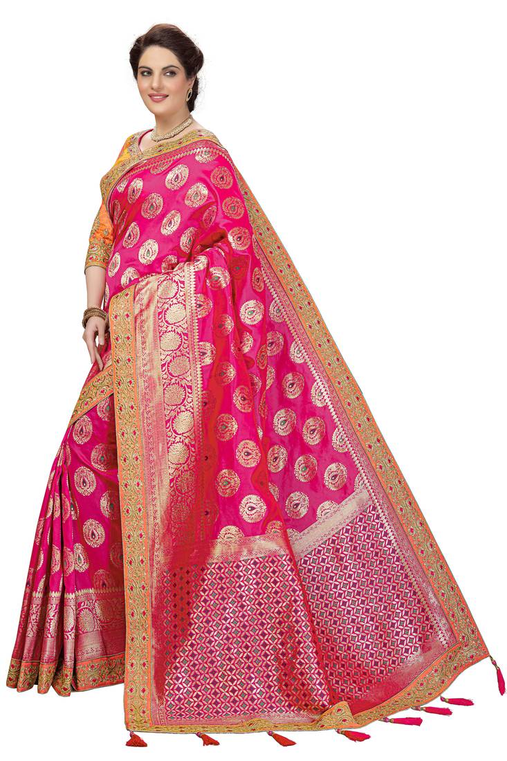 Trendmalls  Pink Silk Embroidered Jacquard Work Party Wear Saree With Blouse