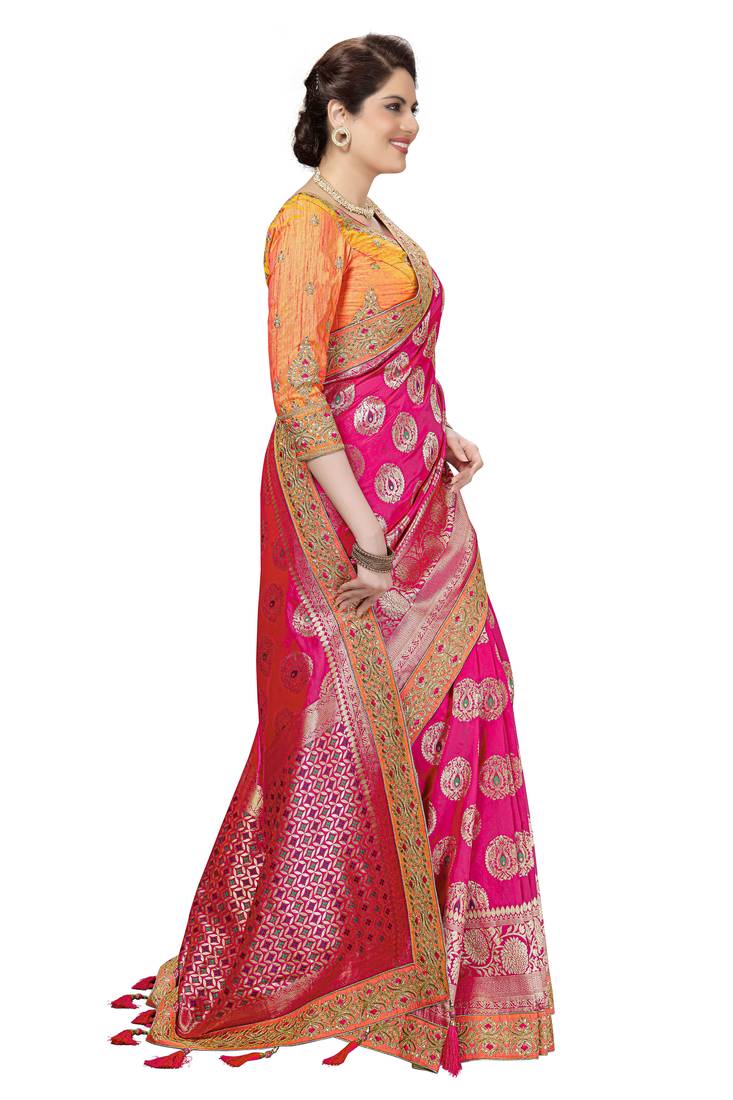 Trendmalls  Pink Silk Embroidered Jacquard Work Party Wear Saree With Blouse