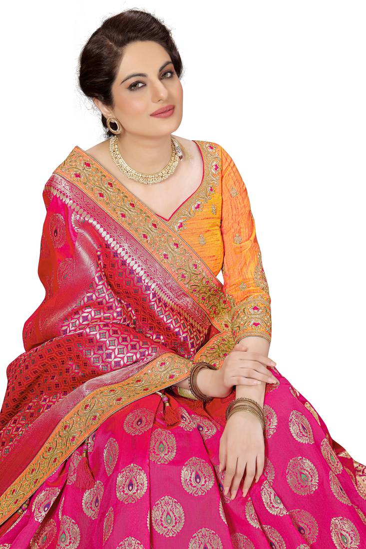 Trendmalls  Pink Silk Embroidered Jacquard Work Party Wear Saree With Blouse