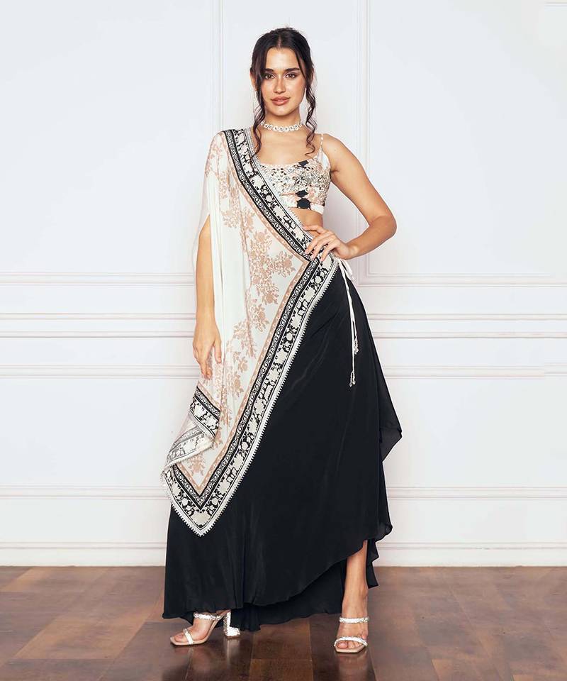 Black tie up saree with draped skirt & blouse