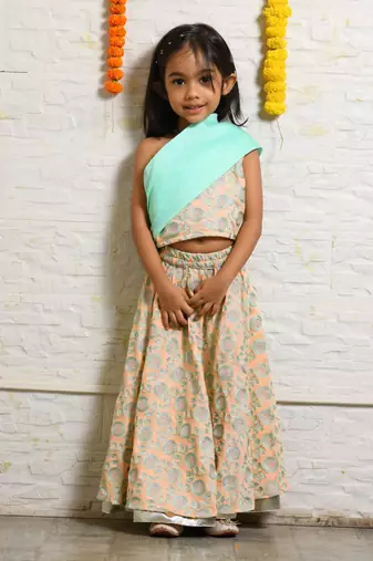 Peach and aqua green ghagara set