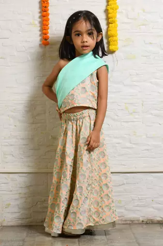 Peach and aqua green ghagara set