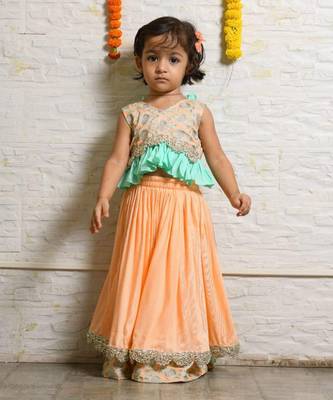 Peach and aqua green heavy embroidered ghagara set 1