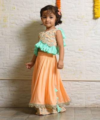 Peach and aqua green heavy embroidered ghagara set 2