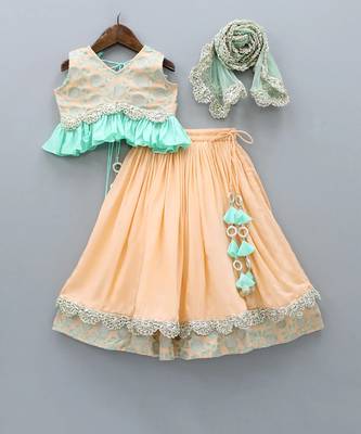 Peach and aqua green heavy embroidered ghagara set 3