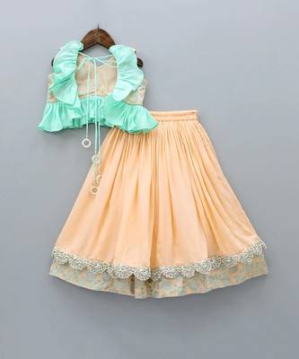 Peach and aqua green heavy embroidered ghagara set 4