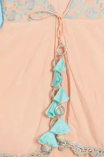 Peach and aqua green heavy embroiderey gown